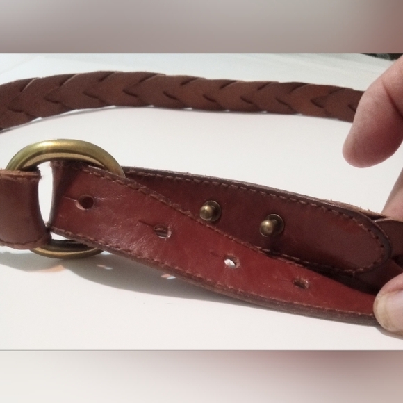 Fossil Belt Brown Leather Woven Braid Womens Sz L Brass Ring Bend Back Closure - Picture 4 of 9